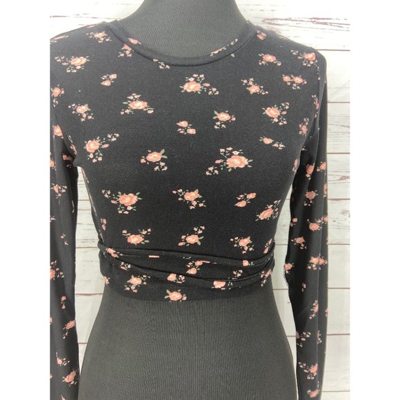 Derek Heart Black Pink Rose Long‎ Sleeve Fitted Crop Top Medium - Picture 5 of 6
